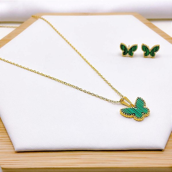 CONJUNTO COLAR  E BRINCO AÇO INOXIDÁVEL  BORBOLETA VERDE - DOURADO