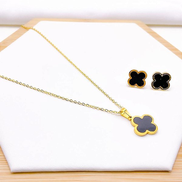 CONJUNTO COLAR  E BRINCO AÇO INOXIDÁVEL  TREVO PRETO - DOURADO