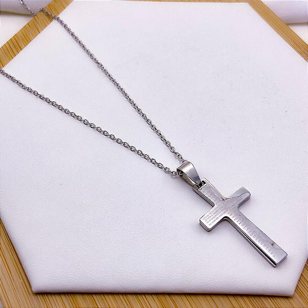 COLAR  AÇO INOXIDÁVEL 50CM PINGENTE CRUCIFIXO PAI NOSSO - PRATEADO