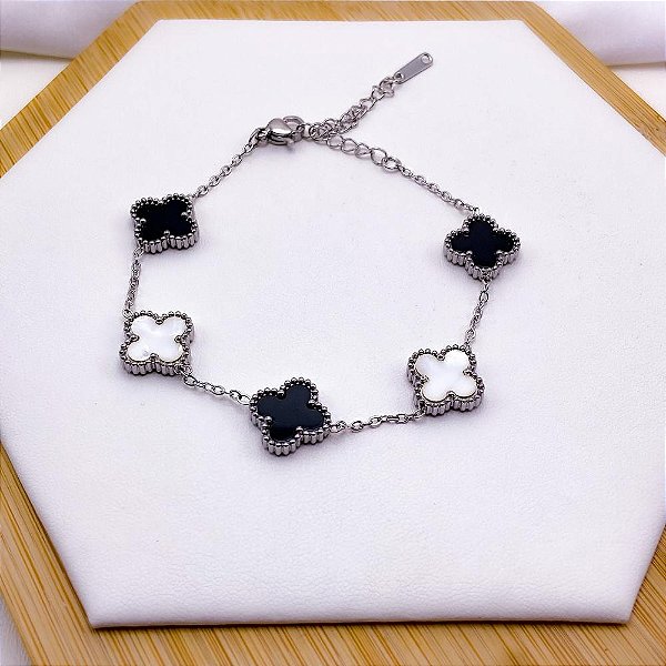 PULSEIRA AÇO INOX TREVO PRATEADA - PEROLADA E PRETO