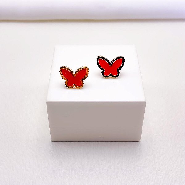 BRINCO AÇO INOXIDÁVEL BORBOLETA DOURADO - VERMELHO
