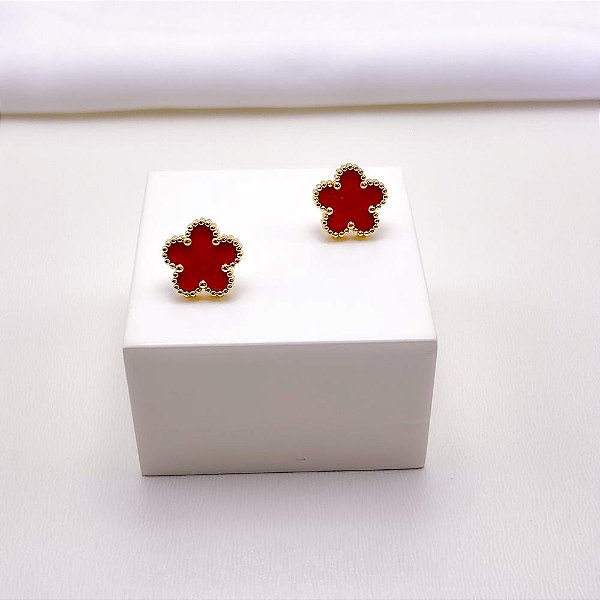 BRINCO AÇO INOXIDÁVEL FLOR DOURADO - VERMELHO