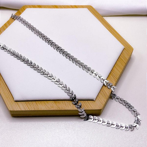COLAR AÇO INOX 45 CM  FOLHAS - PRATEADO