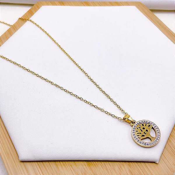 COLAR AÇO INOX 45 CM  PINGENTE ÁRVORE DA VIDA STRASS - DOURADO