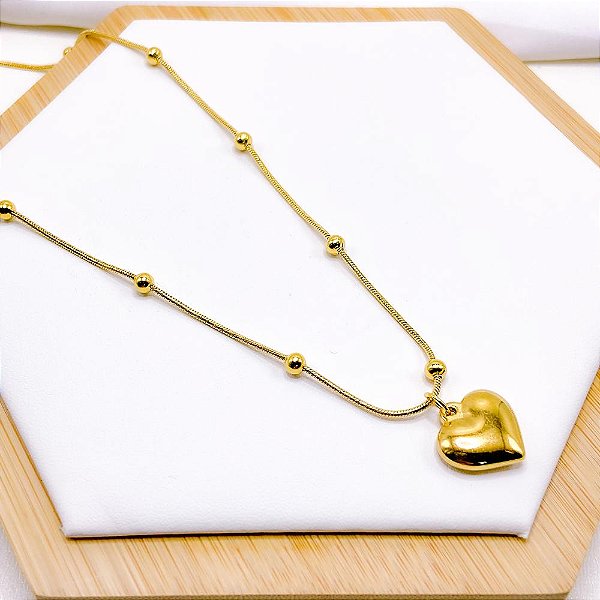 COLAR AÇO INOX 45 CM PINGENTE CORAÇÃO - DOURADO