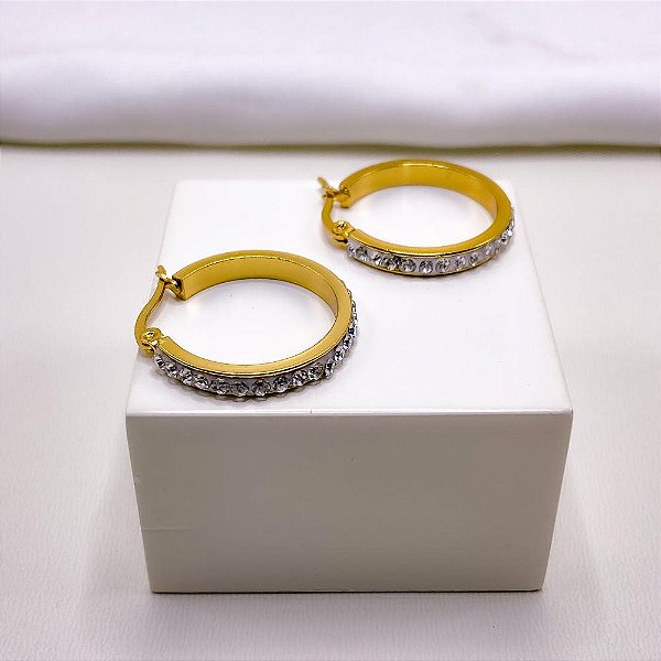 BRINCO AÇO INOXIDÁVEL ARGOLA 2,5MM STRASS - DOURADO