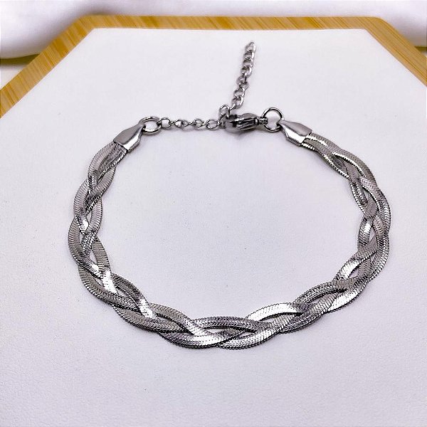 PULSEIRA AÇO INOX MALHA FITA TRANÇADA - PRATEADA