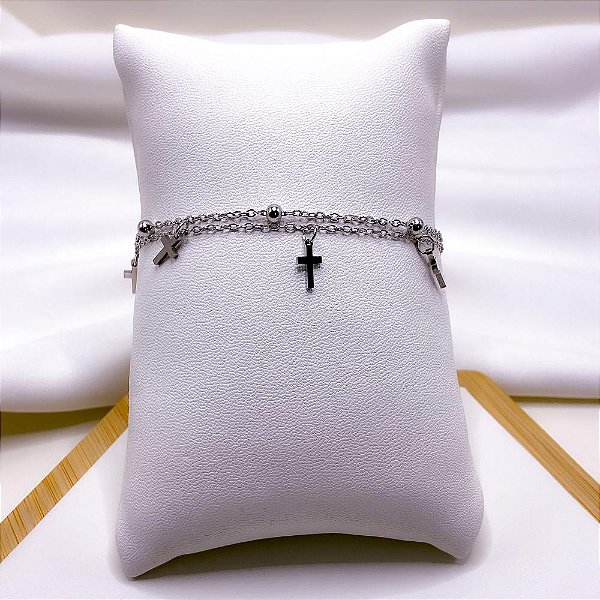 PULSEIRA AÇO INOXIDÁVEL DUPLA BOLINHA E CRUZ - PRATEADA