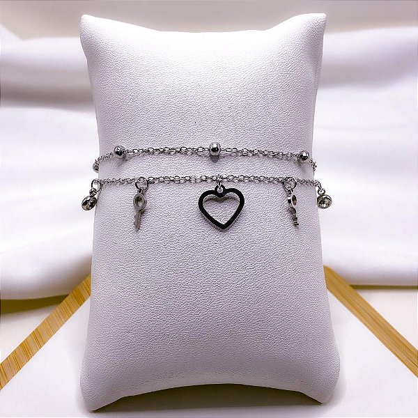 PULSEIRA AÇO INOXIDÁVEL DUPLA BOLINHA E CORAÇÃO - PRATEADA
