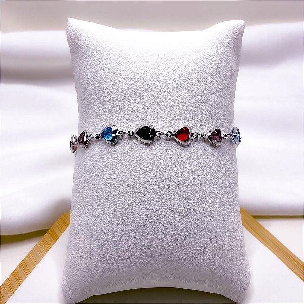 PULSEIRA AÇO INOXIDÁVEL CORAÇÕES COLORIDOS - PRATEADA