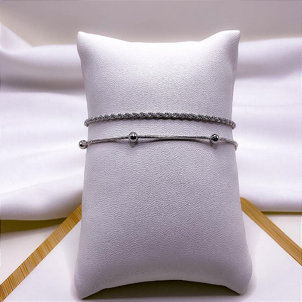 PULSEIRA AÇO INOXIDÁVEL DUPLA BOLINHAS E  CORDÃO BAIANO - PRATEADA