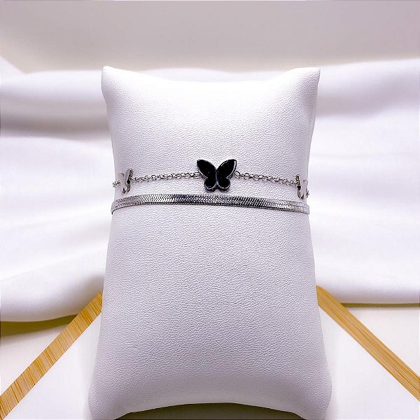 PULSEIRA AÇO INOXIDÁVEL FITA E  BORBOLETA PRETA - PRATEADA