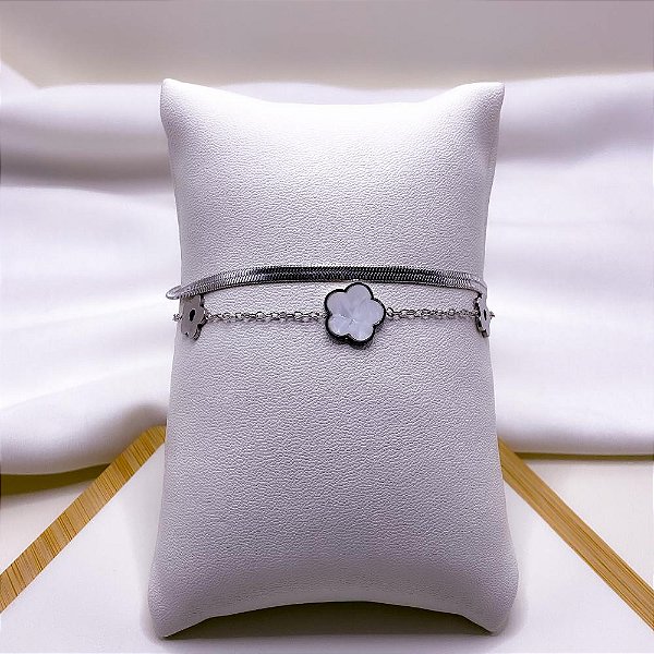 PULSEIRA AÇO INOXIDÁVEL DUPLA FITA E FLOR PEROLADA
