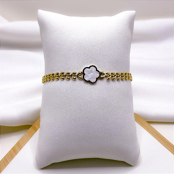 PULSEIRA AÇO INOXIDÁVEL FOLHAS FLOR PEROLADA - DOURADA