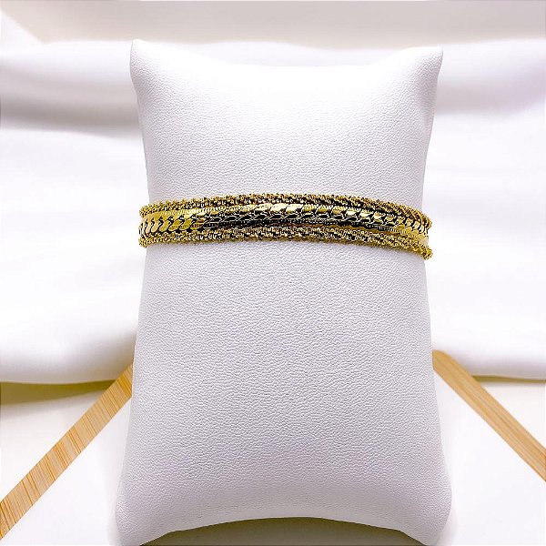 PULSEIRA AÇO INOXIDÁVEL GRUMET RISCADA E CORDÃO BAIANO - DOURADA