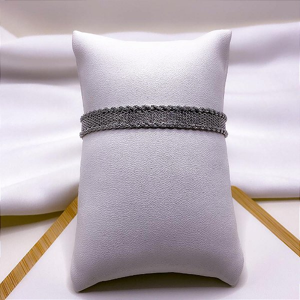 PULSEIRA AÇO INOXIDÁVEL TRIPLA CORDÃO BAIANO E FITA LARGA - PRATEADA