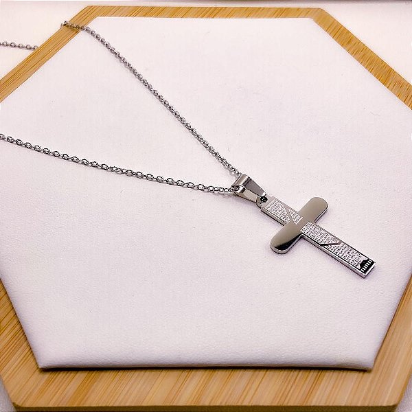 CORRENTE AÇO INOX CRUCIFIXO PAI NOSSO 60CM - PRATEADA
