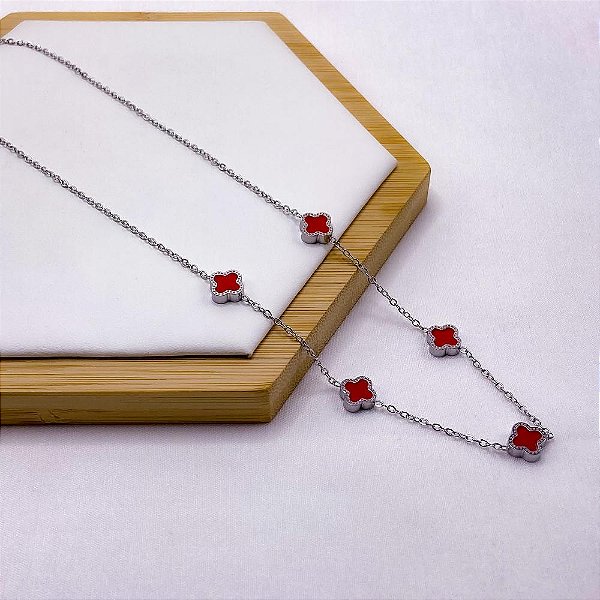 COLAR AÇO INOX 50CM TREVO VERMELHO - PRATEADO