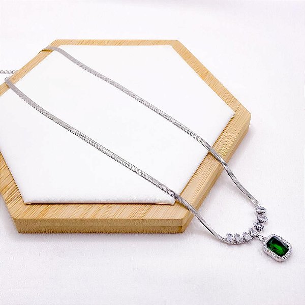 COLAR AÇO INOX FITA 45 CM CRAVEJADO BAGUETE CRISTAL PEDRA VERDE TURMALINA - PRATEADO