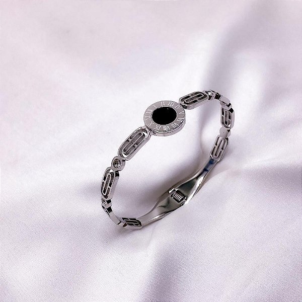 BRACELETE AÇO INOXIDÁVEL ALGARISMOS ROMANOS PRATEADO - PRETO