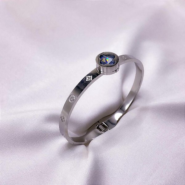 BRACELETE AÇO INOXIDÁVEL TREVO PEDRA CRISTAL - PRATEADO
