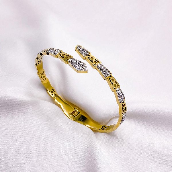 BRACELETE AÇO INOXIDÁVEL COBRA CRAVEJADA STRASS - DOURADO