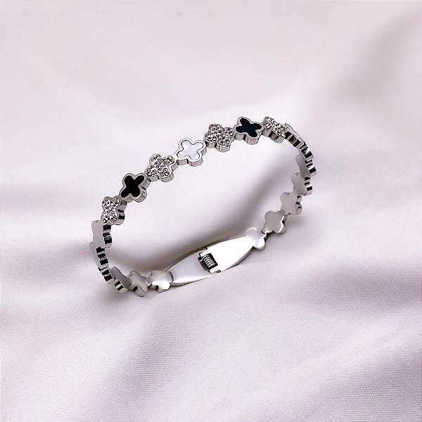 BRACELETE AÇO INOXIDÁVEL TREVO PEROLADO E PRETO  - PRATEADO