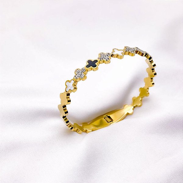 BRACELETE AÇO INOXIDÁVEL TREVO PEROLADO E PRETO  - DOURADO