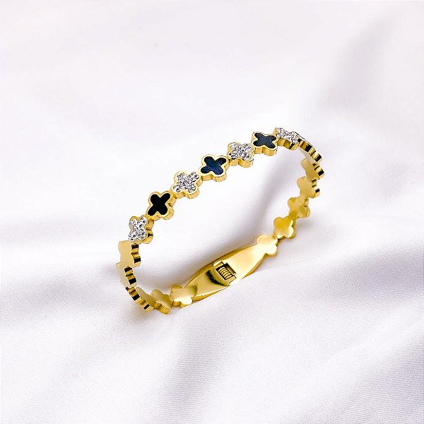BRACELETE AÇO INOXIDÁVEL TREVO PRETO  - DOURADO
