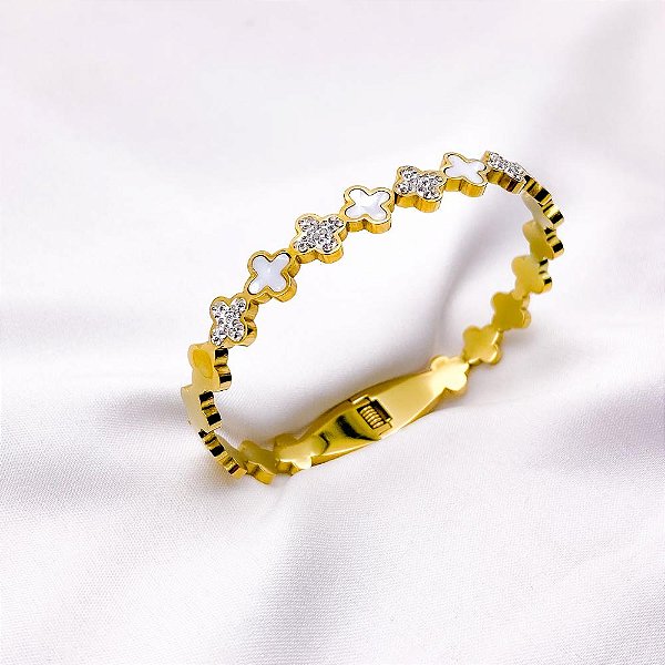 BRACELETE AÇO INOXIDÁVEL TREVO PEROLADO  - DOURADO