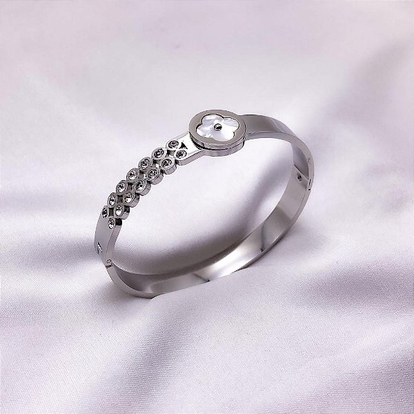 BRACELETE AÇO INOXIDÁVEL TREVO PEROLADO - PRATEADO
