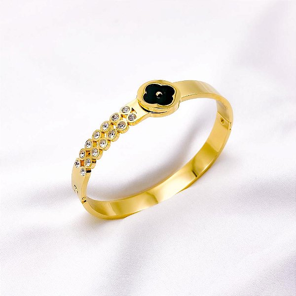 BRACELETE AÇO INOXIDÁVEL TREVO PRETO - DOURADO