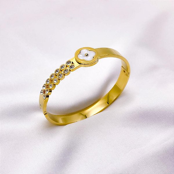 BRACELETE AÇO INOXIDÁVEL TREVO PEROLADO - DOURADO
