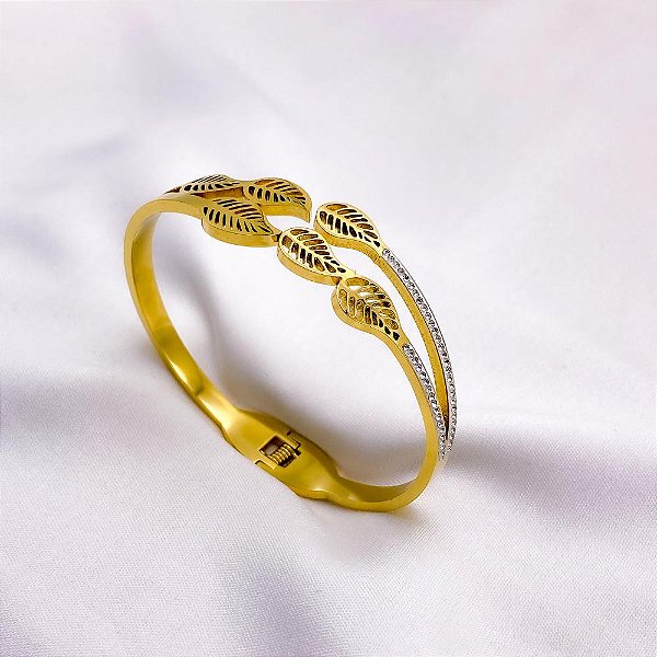 BRACELETE AÇO INOXIDÁVEL FOLHAS - DOURADO