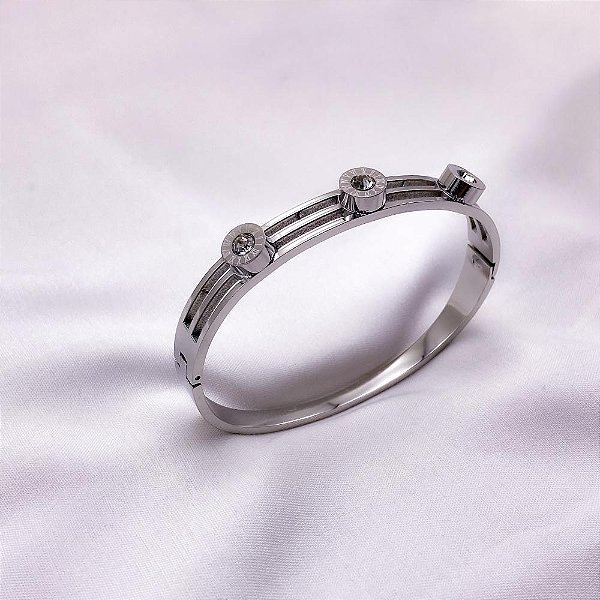 BRACELETE AÇO INOXIDÁVEL ALGARISMOS ROMANOS E PEDRA CRISTAL - PRATEADO