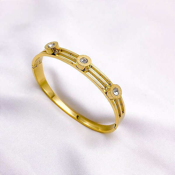 BRACELETE AÇO INOXIDÁVEL ALGARISMOS ROMANOS E PEDRA CRISTAL - DOURADO