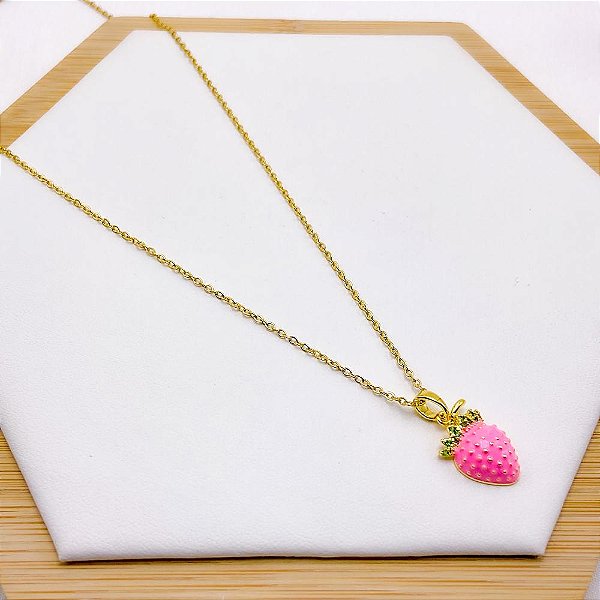COLAR AÇO INOXIDÁVEL 45CM PINGENTE MORANGO ROSA - DOURADO