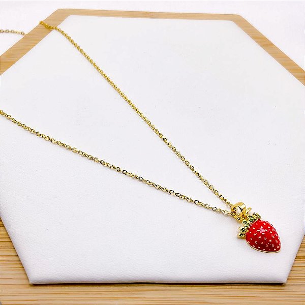 COLAR AÇO INOXIDÁVEL 45CM PINGENTE MORANGO VERMELHO - DOURADO