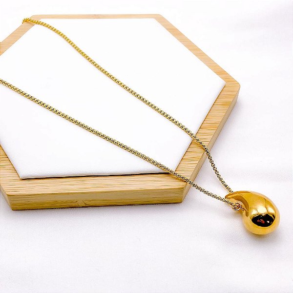 COLAR AÇO INOXIDÁVEL 45CM ELO VENEZIANA PINGENTE GOTA - DOURADO