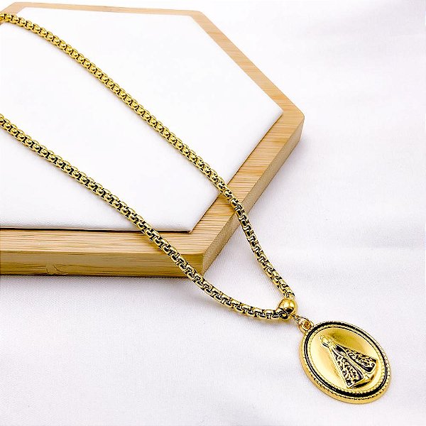 COLAR AÇO INOXIDÁVEL 45CM ELO PIPOCA PINGENTE NOSSA SENHORA - DOURADO