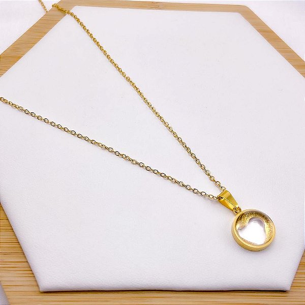 COLAR ACO INOX 45CM CORAÇÃO 3D CRISTAL - DOURADO