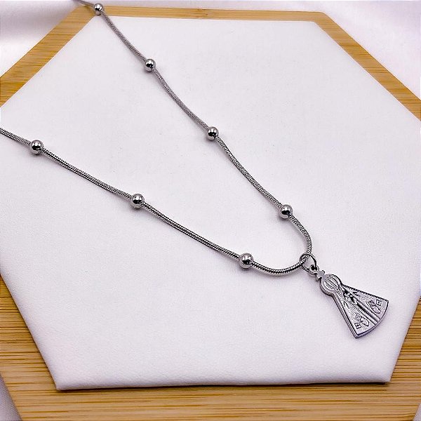 COLAR ACO INOX 45CM BOLINHAS PINGENTE NOSSA SENHORA - PRATEADO