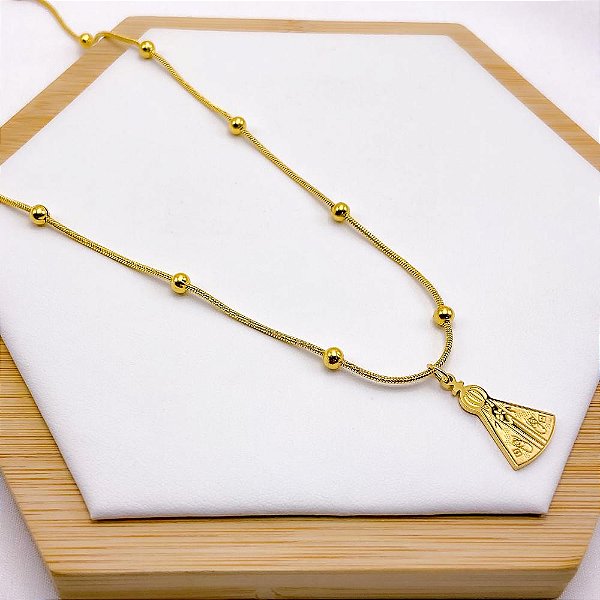 COLAR ACO INOX 45CM BOLINHAS PINGENTE NOSSA SENHORA - DOURADO