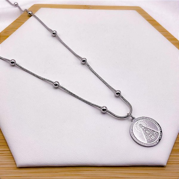 COLAR ACO INOX 45CM BOLINHAS PINGENTE NOSSA SENHORA - PRATEADO