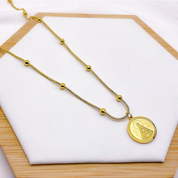 COLAR ACO INOX 45CM BOLINHAS PINGENTE NOSSA SENHORA - DOURADO