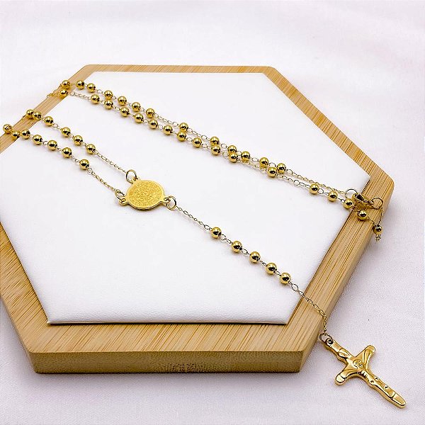 TERÇO BOLINHAS 60CM AÇO INOXIDÁVEL SÃO BENTO - DOURADO