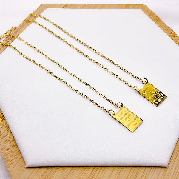 ESCAPULÁRIO DE AÇO INOXIDAVEL 60 CM NOSSA SENHORA E GUARDAI-ME DEFENDEI-ME - DOURADO