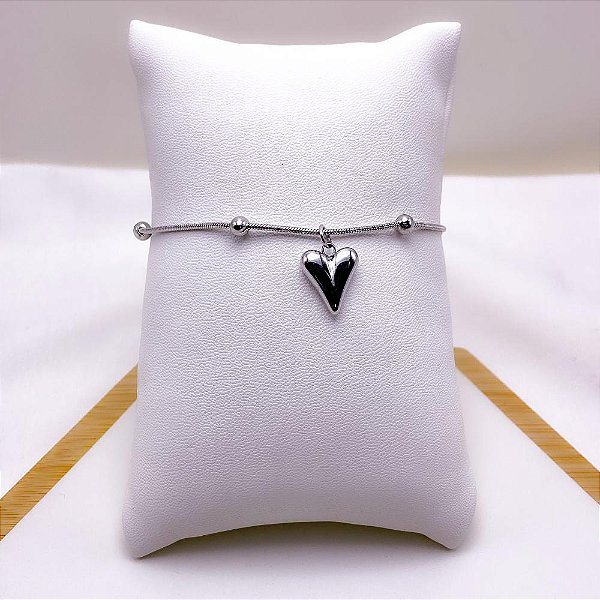 PULSEIRA AÇO INOXIDÁVEL BOLINHAS PINGENTE CORAÇÃO - PRATEADA