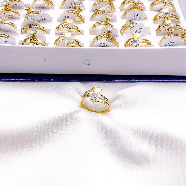 ANEL ACO INOXIDAVEL I LOVE YOU PEDRA CRISTAL - DOURADO