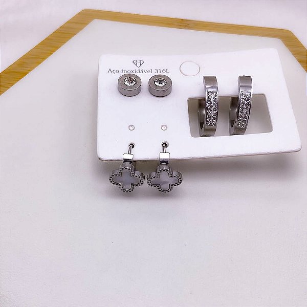 CARTELA BRINCO TRIO AÇO INOX ARGOLINHA CLICK TREVO PEROLADO  - PRATEADO